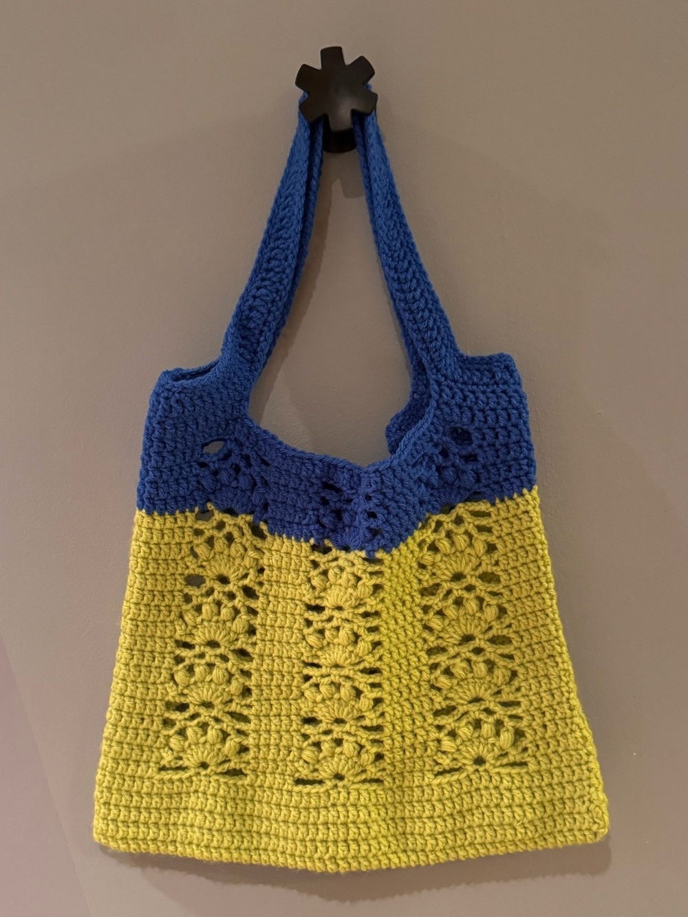 Crocheted Two-Tone Blue and Yellow Tote Bag